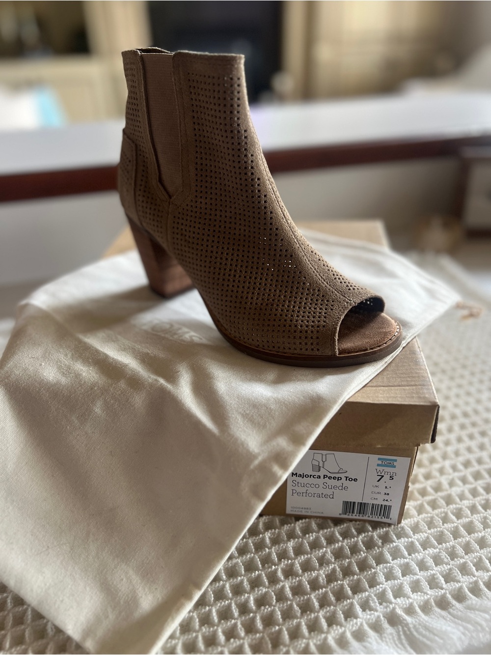 Toms Stucco Suede Perforated Peep-Toe Bootie
